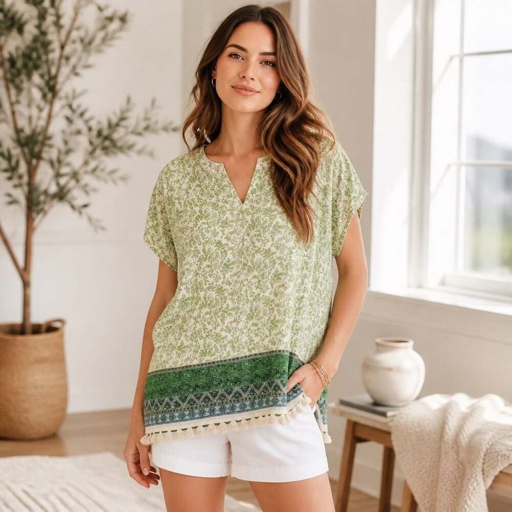 J.Jill Green Paisley Gauze Crinkle Short Sleeve Boho Tunic Top Size M